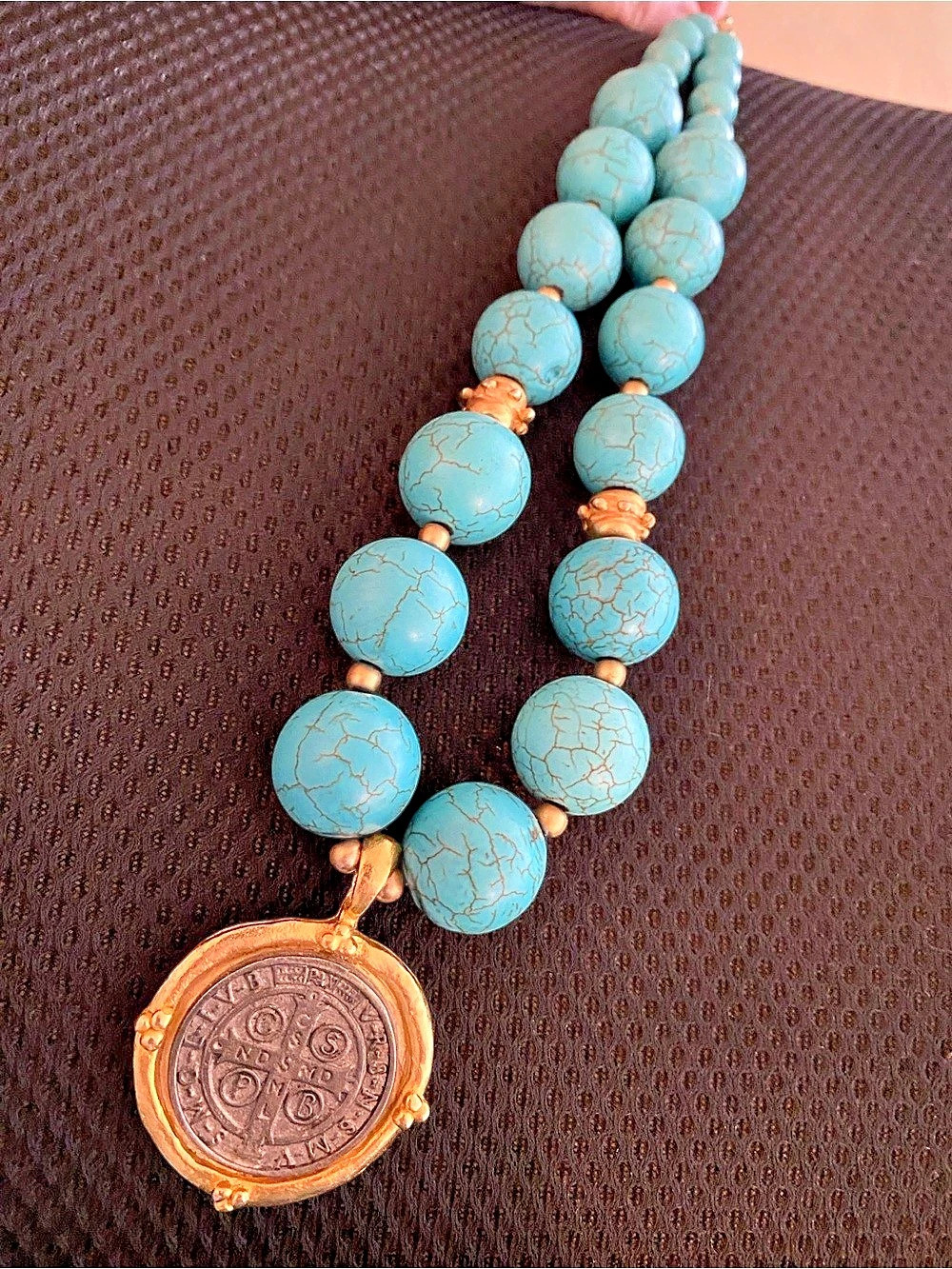 Susan Shaw Genuine Multi-Strand Turquoise St. Benedict Coin Necklace